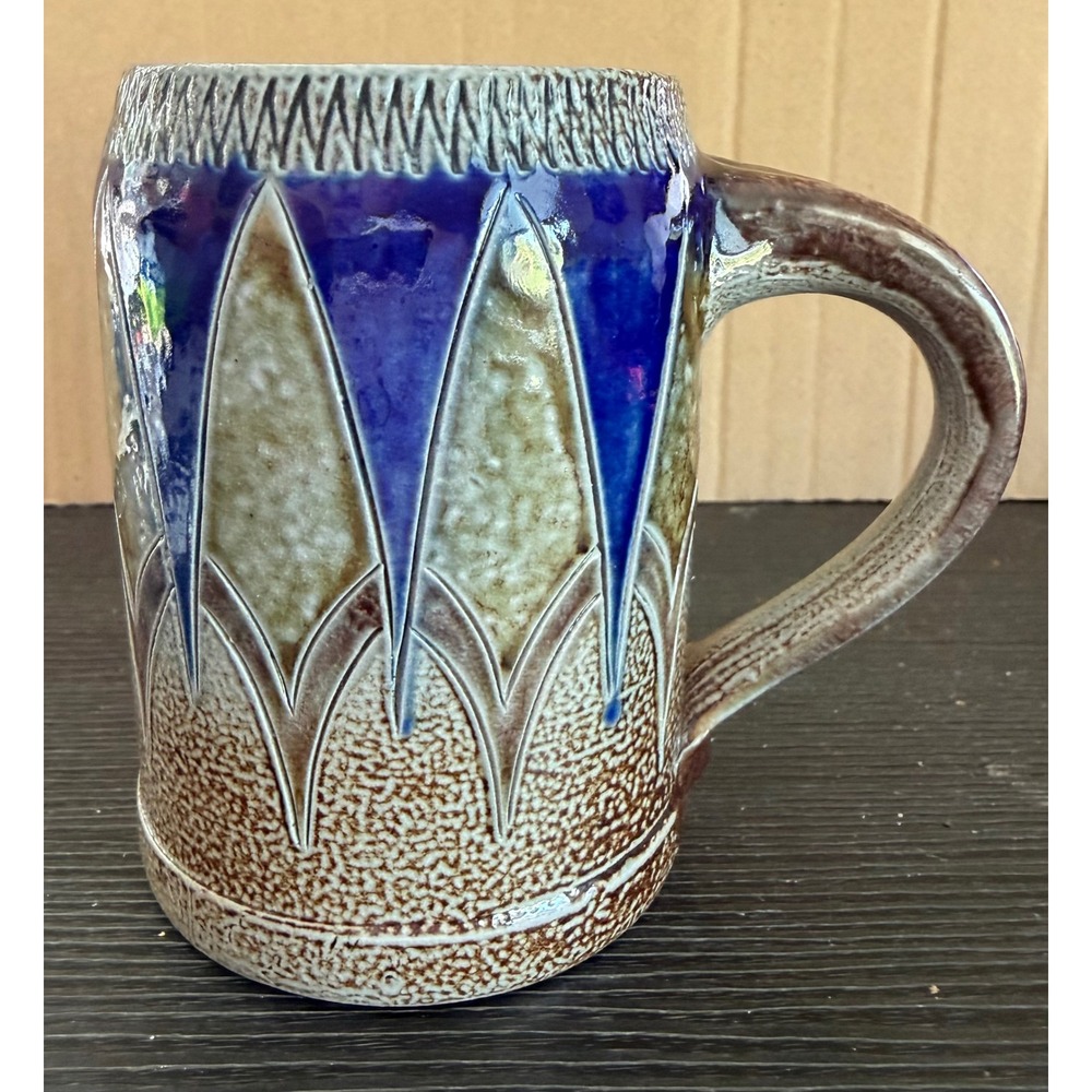 Handarbeit Studio Pottery Beer Stein Mug Blue Brown Salt Glaze German Stoneware